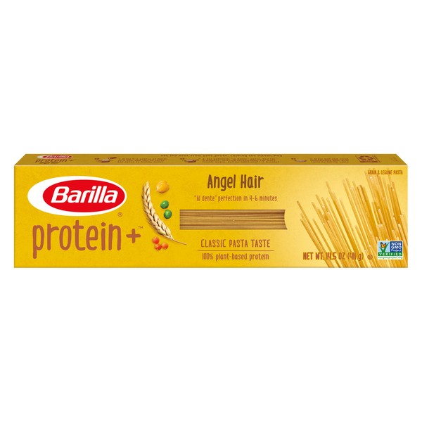 BARILLA Protein+ (Plus) Angel Hair - Protein from Lentils, Chickpeas & Peas - Good Source of Plant-Based Protein - Protein Pasta - Non-GMO - Kosher Certified - 14.5 Ounce Box (Pack of 20)
