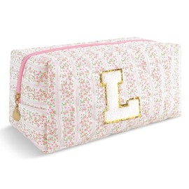 Bolsa de cosméticos acolchada personalizada, regalos de cumpleaños de Navidad con monograma hinchado para mujeres y niñas, bonita bolsa de maquillaje floral con inicial, bolsa de coqueta, bolsa de