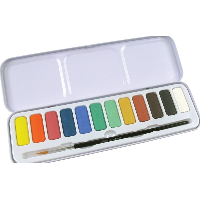 Derwent Academy Watercolour Paint Tin with Paintbrush and Mixing Palette,