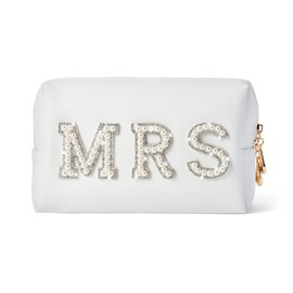 Bride Makeup Bag,Bride Bag MRS White Makeup Bag,Pearl Letter Patch Cosmetic Bag,Toiletry Bag Skincare Bag PU Leather Makeup Bag Zipper Purse,Bride to be Gifts,Bride Gifts,Engagement Gifts for Women