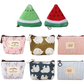 8 Pcs Small Coin Purse, Cute Coin Pouch Wallet for Women, Colorful Canvas Change Purse Case Fruit Zipper Bag Pouch Makeup Cosmetic Bag Small Items Storage Bag for Coin Cash Cosmetic