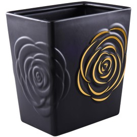 Black Ceramic Trash Can with Gold Rose – 2.5 Gallon Small Bathroom & Kitchen Garbage Bin, Decorative Waste Basket for Bedroom, Office, Hotel – Elegant Floral Design, Heavy Duty (9 Liter, Gift Idea)