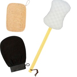 3 Pack Long Handle Back Scrubber, 100% Natural loofah Bath, Exfoliating Gloves, Dead Skin Remover and tan Remover, Back exfoliator, Shower luffa Sponge