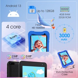 DigiLand Android Kids Tablet,7 inch IPS Screen,4GB RAM+32GB ROM,Dual Camera 2MP+5MP,Safety Eye Protection,Education,Tablet for Toddle with WiFi,Games,Parental Control APP,with Proof Case(Blue)