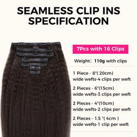 Lashey Seamless Clip in Hair Extensions Human Hair #2 Dark Brown Kinky Straight Clip in Hair Extensions Real Human Hair 7pcs 110g 20 Inch PU Weft Natural Hair Extensions for Women