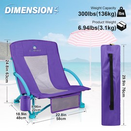 Beach Chairs for Adults 2 Pack,Heavy Duty Folding Low Back Camping Chairs w/Cooler Bag,Mesh Back,Cup Holder & Storage Bag,Compact Sling Chair for Lawn,Picnic,Travel,Purple