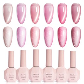 MelodySusie Pink Gem Cat Eye Gel Set Cat Eye Gel Nail Polish Set 6 Pcs, 0.26 Fl Oz Glitter Holographic Magnetic Nail Polish with Magnet, UV Nail Polish for Nail Art Manicure Salon DIY at Home