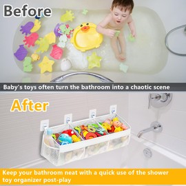 Bath Toy Storage 60cm Mesh Baby Bath Toy Organiser with 3 Large Compartments, 4 Strong Suction Hooks & Quick-Drying Design| Bathroom Storage Tidy for Toys