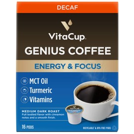 VitaCup Decaf Genius Keto Coffee Pods with MCT Oil, Turmeric and B Vitamins for Focus in Recyclable Single Serve Pod Compatible with K-Cup Brewers Including Keurig 2.0, 16 Ct