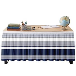 Sanwarm Striped Navy Nautical Table Skirt for Desk Rectangular Tablecloth Skirt Modern Desk Skirts for Teacher Classroom Decoration School Party Home Decor Curtain 29" x 108" with Hook-Loop Fastener