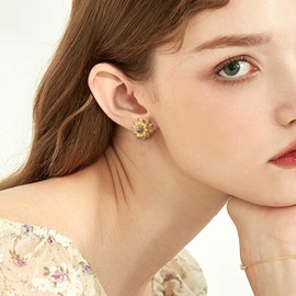 Sonateomber Citrine Sunflower Stud Pearl Drop Dangle Earrings for Women Teen Girls, Cute Sparkly Iridescent Rhinestone CZ Daisy Flower Floral Spin Earings Dangling Prom Birthday Wedding Accessories Statement Jewelry Gifts