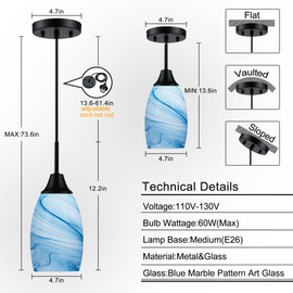 Viinew Mini Glass Pendant Light 1-Pack 4.72" Hwith Handblown Blue Marble Art Oval Glass Lamp Ceiling HangingLight,for Dining Room,Kitchen,Foyer,Hallway