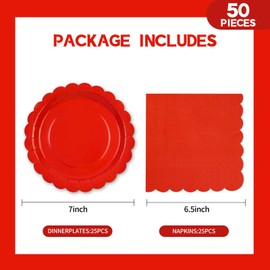 HFBOBP 50 Stück rote gewellte Pappteller und Servietten für Abendessen und Dessert, Einweg-Partyzubehör für Abschlussfeier, Urlaub, Hochzeit, Geburtstag, Party, Babyparty, Dekorationen