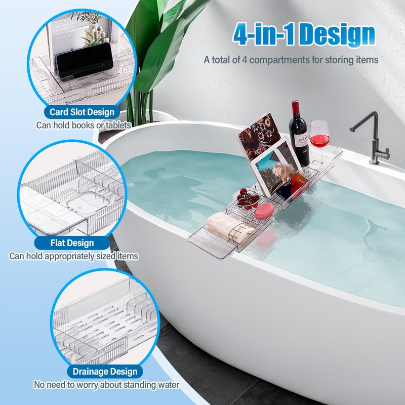 HOMEE Acrylic Bathtub Tray, Expandable Bath Caddy Tray for Bathtub,