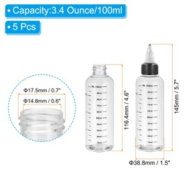 PATIKIL 3.4oz(100ml) Plastic Dispensing Bottle, 5Pcs Squeeze Graduated Empty Bottles with Black Twist Cap for Liquids, Inks, Oils, Sauces, Arts and Crafts, Transparent