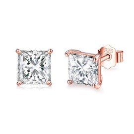 Shuxin Silver Stud Earrings for Women, 925 Sterling Silver Square Stud Earrings, Small Sleeper Cartilage Tragus Studs, 6mm Rose Gold Tiny Princess Cut Cubic Zirconia Stud Earrings, Gift for Christmas