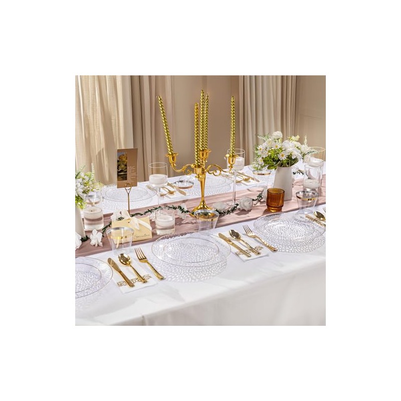 DaYammi 175PCS Clear Gold Plastic Dinnerware Set, Plastic Plates Disposable