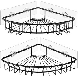 Orimade Corner Shower Caddy Stainless Steel with Hooks Wall Mounted Bathroom Shelf Storage Organizer Adhesive No Drilling 2 Pack, Black