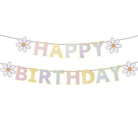 lasuroa Macaron Happy Birthday Banner, Pastel Party Decorations Daisy Colorful Letters DIY Hanging Sign Bunting Garland Backdrop Supplies for Women Girls Kids