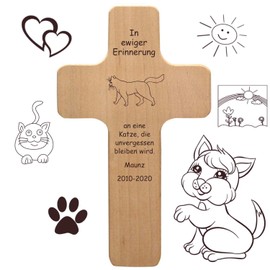 Cat Cross with Individual Engraving, Name, Saying, Motif, Wooden Cross for Cat or Cat as a Cat Sign, Graveside Cross for Deceased Velvet Paws, Memorial Plaque, Mourning Gift, Grave Decoration