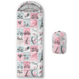 QOOMO Eiffel Tower Love Print Printed Camping Sleeping Bag, 3 Season Warm & Cool Weather,Lightweight,Waterproof Sleeping Bags for Adults & Kids,Traveling,and Outdoors,Camping Gear Equipment, 31x90inch