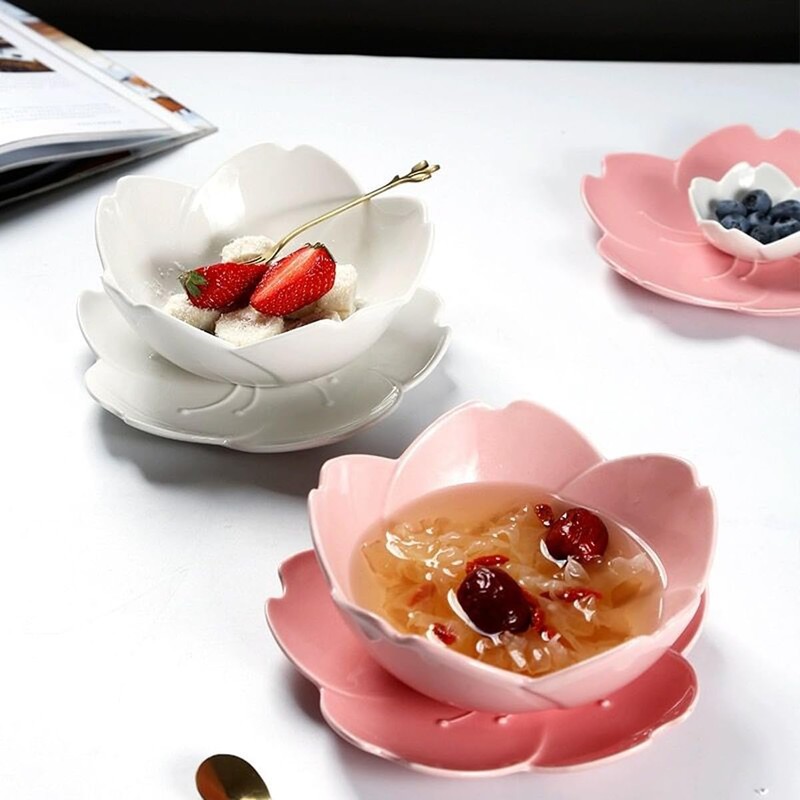 KKGUD Cute Cherry Blossom Ceramic Serving Bowl with Saucer and