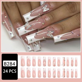 24Pcs White French Tip Press on Nails Long Square Fake Nails with Metal Butterfly Designs Rhinestones False Nails Glossy Acrylic Nails Full Cover Nail Tips Artificial Nails for Women Daily Wear