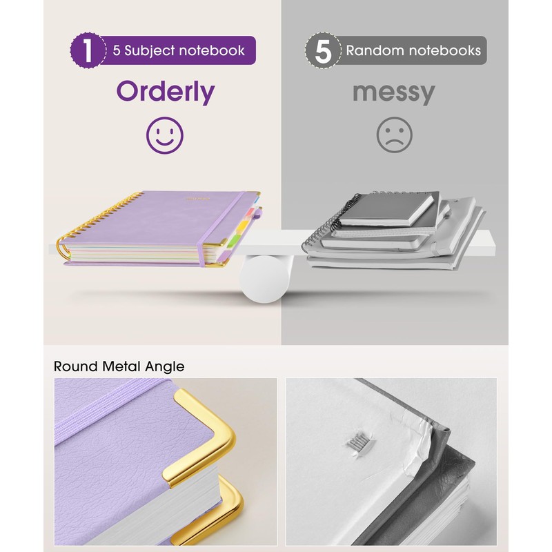 Hardcover Spiral Notebook journal with Removable Dividers Tabs, 300 Pages
