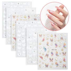 Nail Stickers 6 Sheets 5D Aurora Nail Art Stickers Decals Self-Adhesive Pegatinas Uñas Glitter Self-Adhesive Flower Star Heart Butterfly Nail Art Design Decoration Accessories for Woman Girls,Style9