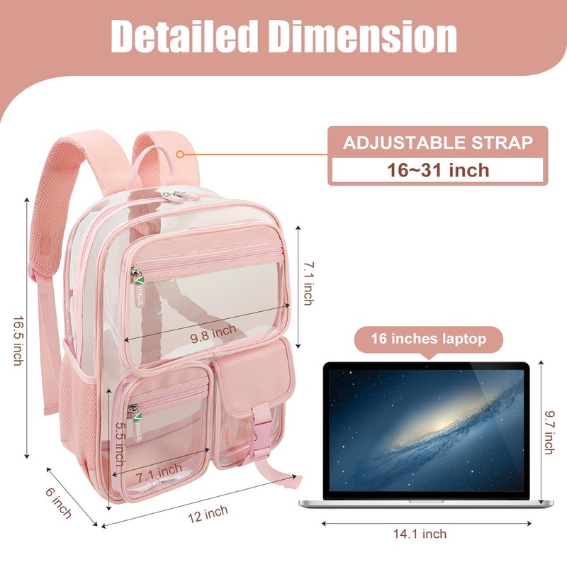 Vangue Clear Backpack Stadium Approved Heavy Duty Clear Bookbag with