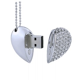 WooTeck 64GB Crystal Loving Heart Jewelry USB Flash Drive Memory Stick with Necklace,Silver