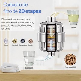 Filtro de Agua para Regadera 20 Etapas, 3 Cartuchos Reemplazables | Reduce Cloro, Impurezas y Metales, Cuida Piel y Cabello, Presión Estable, Instalac
