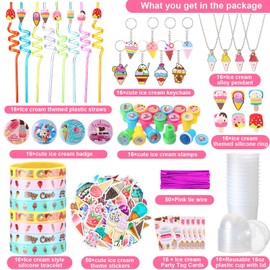 Chivertion 195 Pcs Ice Cream Birthday Party Favors for 16 People Include Keychain Necklace Silicone Bracelet Ring Badge Stamp Sticker Tags Twist Tie Cup Lid Straw for Birthday Party
