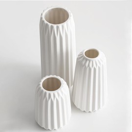 Keramik Vasen 3er Set, Kleine Blumenvasen für Tischdeko, Gerippt Vasen Deko für Pampasgras Trockenblumen, Bauernhaus Landhausstil Rustikale Deko Vase - Weiß, Höhe 11, 15.5, 19.7 cm