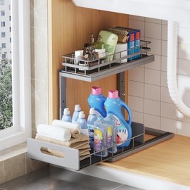 1 Pack 12"-17"H Under Sink Organizer Height Adjustable,2 Tier Pull Out Under Cabinet Organizers,Multi-Use Under Sink Storage for Kitchen Bathroom Cabinet-Gray