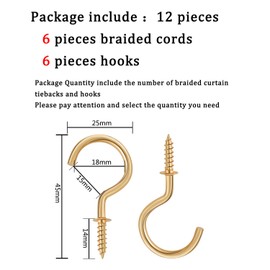 Blulu 6 Pieces Braided Curtain Tiebacks Rope Belt Curtain Ties and 6 Pieces Hooks Metal Tieback Hooks for Window Accessories(Beige and Silver)