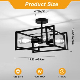 DELIPOP 4-Light LED Ceiling Light Industrial Black Farmhouse, Semi Flush Mount Ceiling Light, Lighting for Dining Room Kitchen Hallway Island