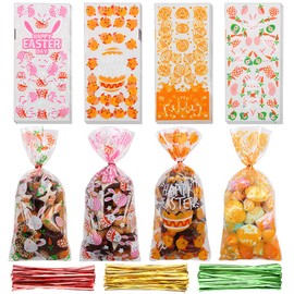 CCINEE 120PCS Easter Treat Bags,Cellophane Cookie Bags with Twist Ties Egg Bunny Candy Bags for Kids Easter Party Supply