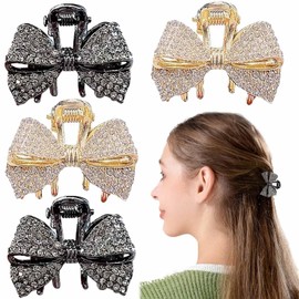 KuuGuu 4 PCS Mini Rhinestone Bow Hair Claw Clips Small Butterfly Hair Clips Cute Crystal Barrettes Fashion No-Slip Grip Jaw Clip Shiny Bowknot Decorative Hairpin Retro Hair Accessories for Women Girls