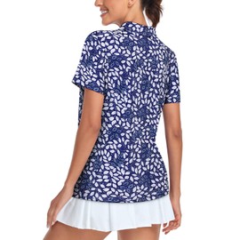Tanst Sky Womens Golf Shirts, Loose Fit Short Sleeve Golf Polo Apparel 1/4 Zip Up Tennis Workout Tops Dry Fit Moisture Wicking Gym Collared Tshirt Quarter Zip Pullover Blue White Leaf XL