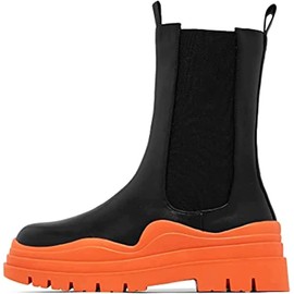 SANIOOOI Women Platform Chelsea Bootie,Fashion Mid Calf Boots Chunky Double Heel Round Toe Slip on Thick Sole (Orange,10)