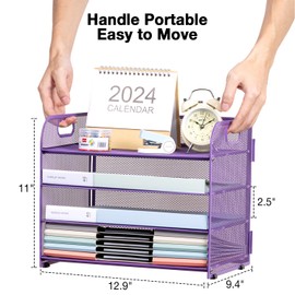 NCXTKJ 4-Tier Desk Organizer Paper Tray, Desk File Organizer with Handle, Mesh Desk Organizer Letter File Stackable Trays for Home Office Supplies and Accessories - Purple