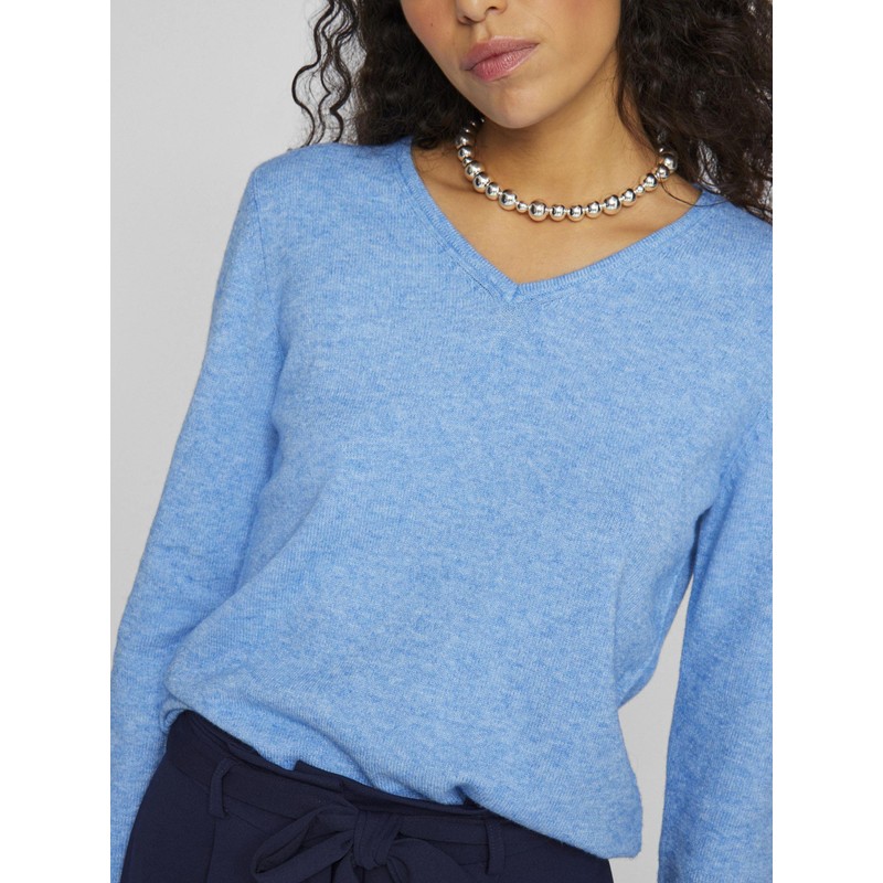Vila Women's Viril V-Neck L/S Knit Top Noos, Blissful Blue