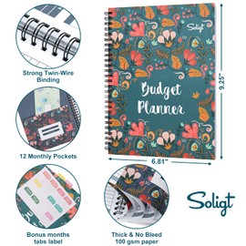 Soligt Budget Planner 2025-2026, Monthly Budget Book Bill Organizer with 12 Pockets, Undated Home Financial Money Expense Saving Debt Tracker Notebook, 1 Year, Blue Floral, Spiral Design