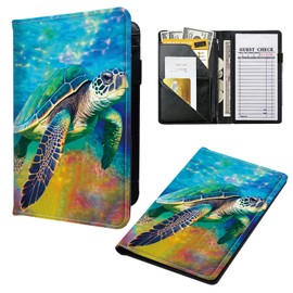 Server Books for Waitress, Leather Waiter Book Server Wallet with Zipper Pocket, 7 Storage Pockets for Recipes and Checks, Pen Holder, Personal Organizer Wallet Fit Apron, Sea Turtles in Ocean