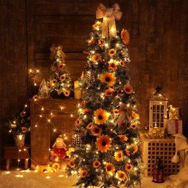 Jetec 62 Pieces Sunflower Christmas Tree Decor Sunflower Decorations with 80 LEDs String Lights for Home Fireplace Christmas Tree Party Indoor Decor