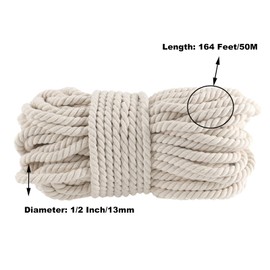 SHEUTSAN 1/2 Inch x 164 Feet Milky Natural Twisted Cotton Rope, Strong 3-Strand Thick Rope for Sports Tug of War, Crafts, Wall Hangers, Clothesline, Railings, Hammock, Camping, Wedding Decoration