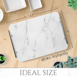 Stone Drying Mat for Kitchen Counter with Handles , Diatomite for washed dishes or food , Drying Mat Stone featuring white marble and stainless steel handles , measure 15.7”x11.8”