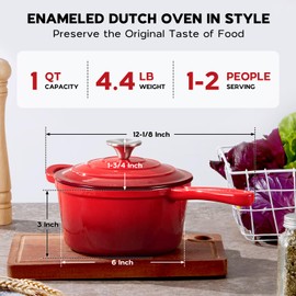 Onader Enameled Cast Iron Sauce Pan 1QT Small Saucepan with Lid Cast Iron Sauce Pot Enamel Dutch Oven Nonstick & Heavy Duty – Red