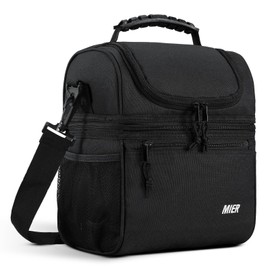 MIER Insulated Lunch Box Dual Compartment Lunch Bag Leakproof Cooler for Men Women Adult Work, Black, Medium (Upgraded Extra-Tall Bottom Layer)